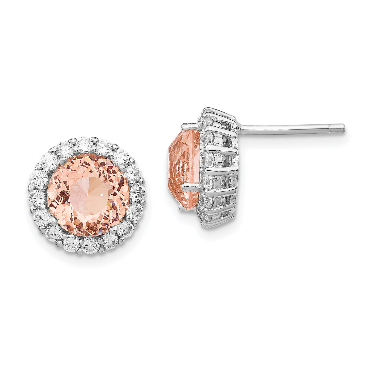 Cheryl M Sterling Silver Rhodium-plated 100 Facet Simulated Morganite and White Brilliant-cut CZ Halo Post Earrings