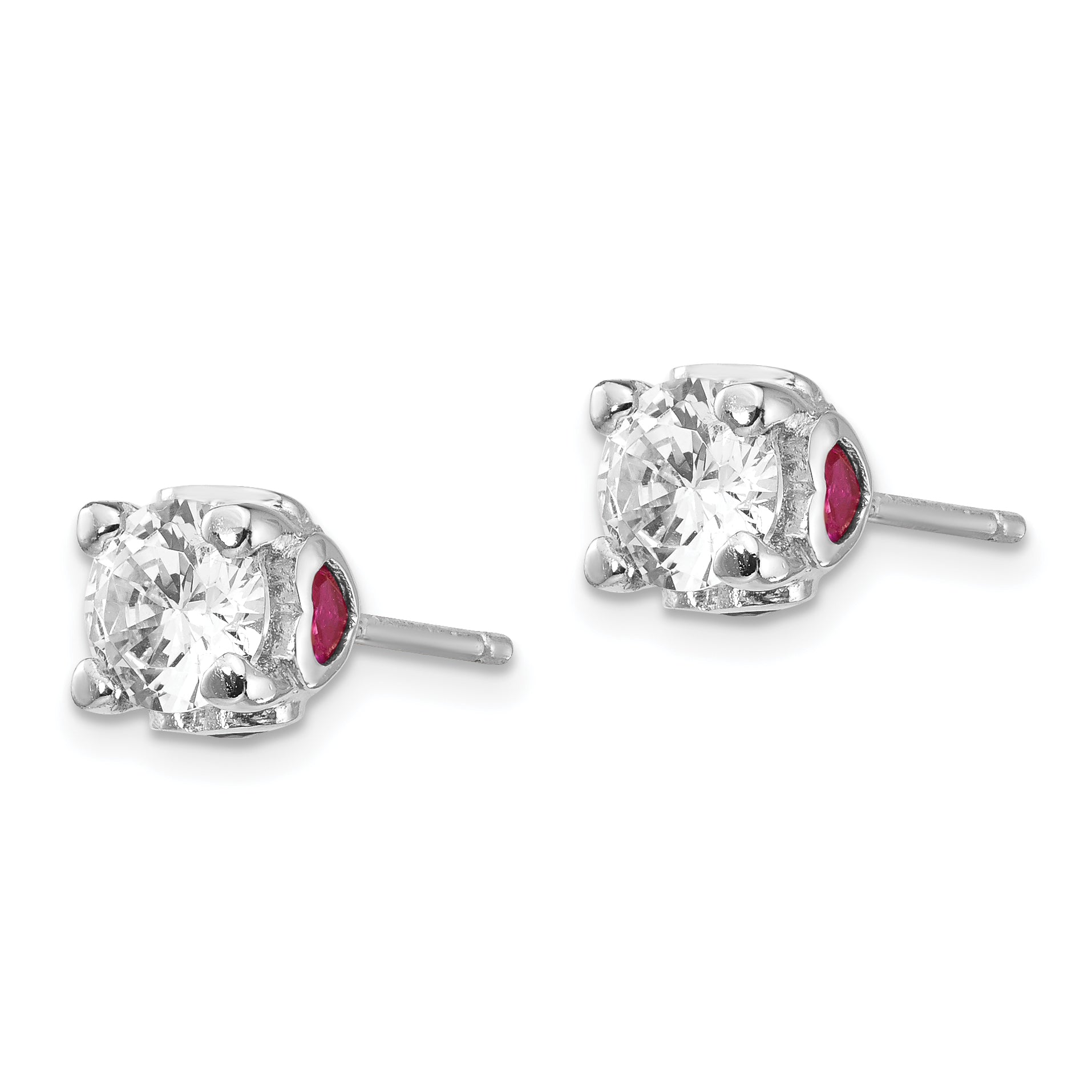 Cheryl M Sterling Silver Rhodium-plated Brilliant-cut Lab Created Ruby and Brilliant-cut White CZ with Heart Sides Stud Post Earrings