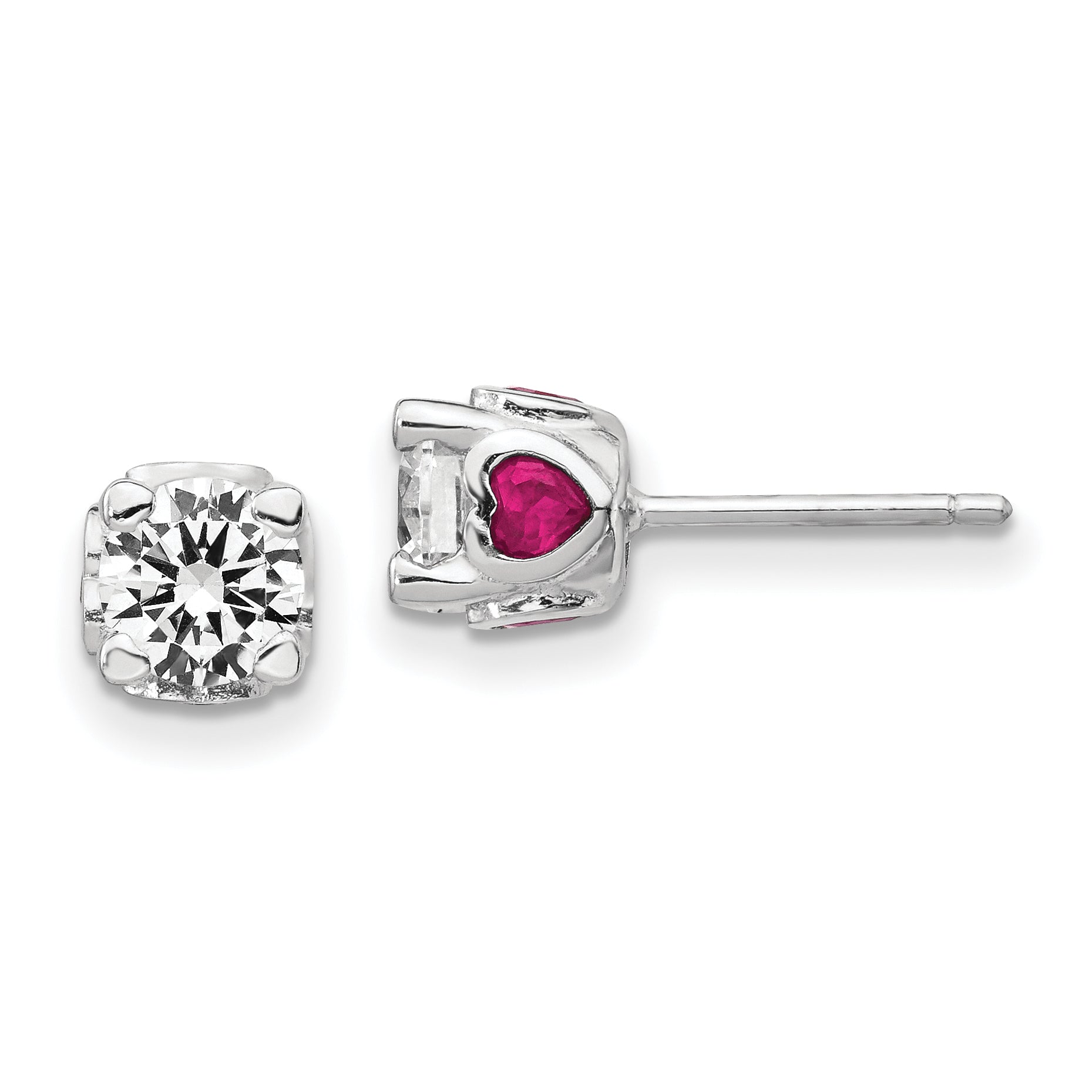 Cheryl M Sterling Silver Rhodium-plated Brilliant-cut Lab Created Ruby and Brilliant-cut White CZ with Heart Sides Stud Post Earrings