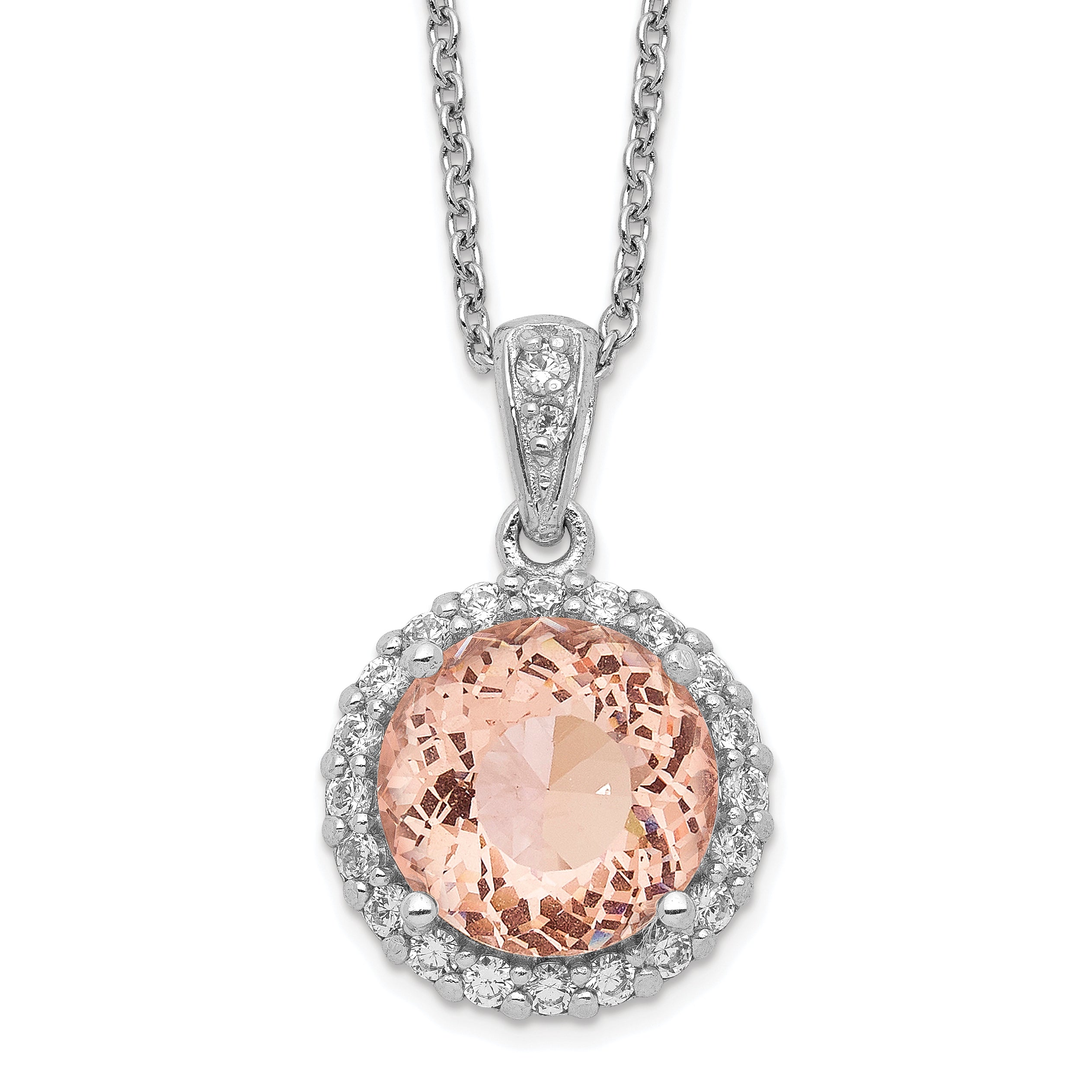 Cheryl M Sterling Silver Rhodium-plated 100 Facet Simulated Morganite and White Brilliant-cut CZ Halo 18 Inch Necklace