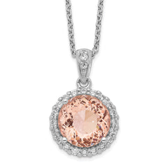 Cheryl M Sterling Silver Rhodium-plated 100 Facet Simulated Morganite and White Brilliant-cut CZ Halo 18 Inch Necklace