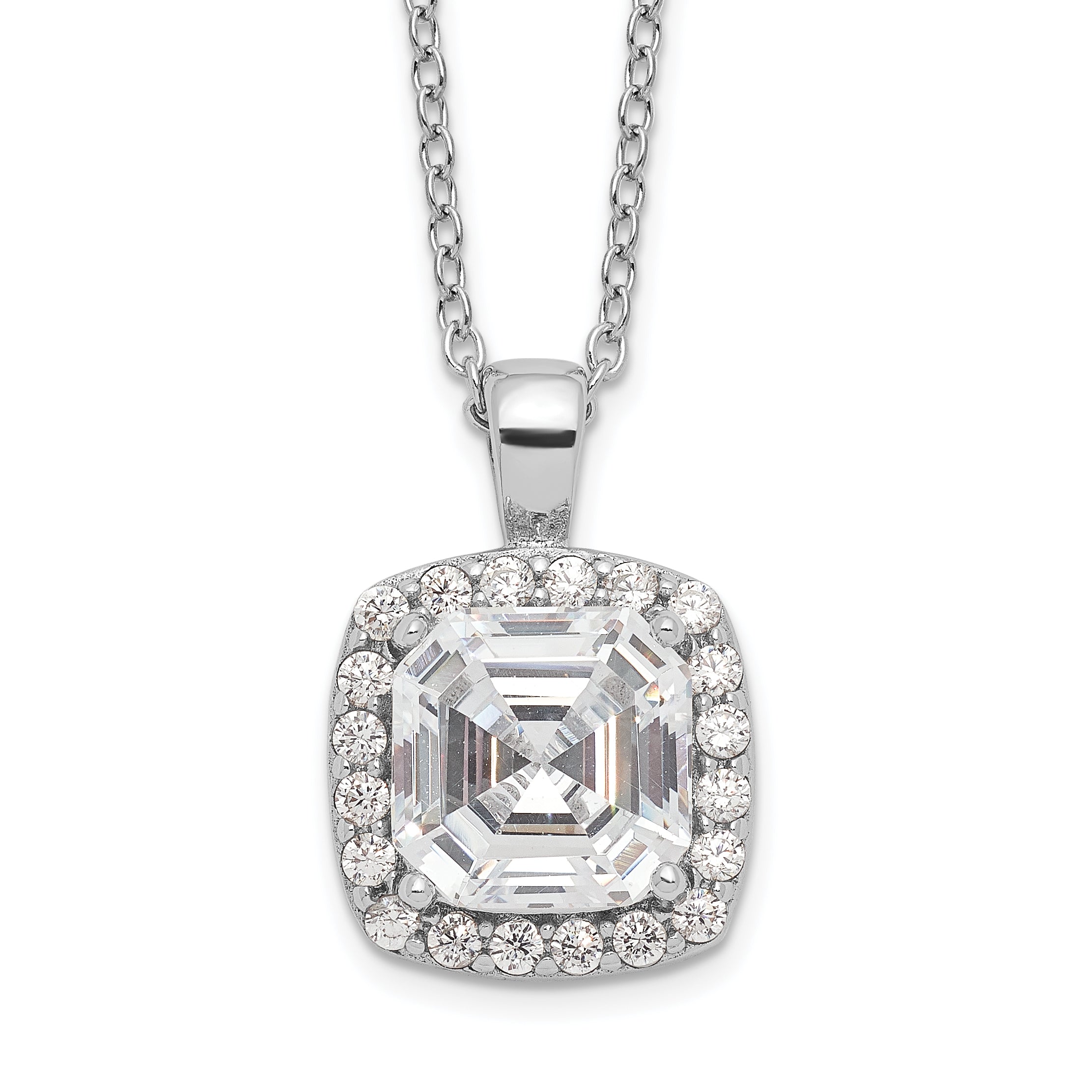 Cheryl M Sterling Silver Rhodium-plated Asscher-cut and Brilliant-cut CZ Halo 18 Inch Necklace Main image