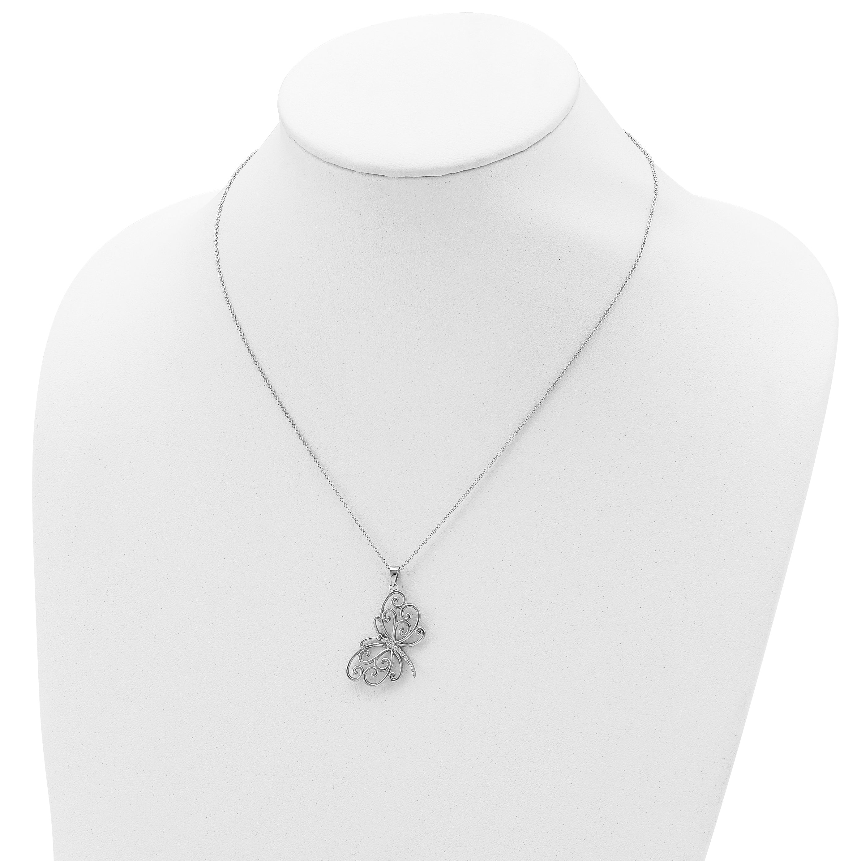 Sterling Silver CZ Butterfly Necklace with Polished Rhodium Finish - 18