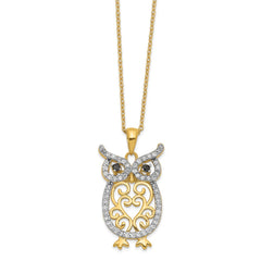 Cheryl M Sterling Silver Gold-plated w/Rhodium CZ Owl 18in Necklace