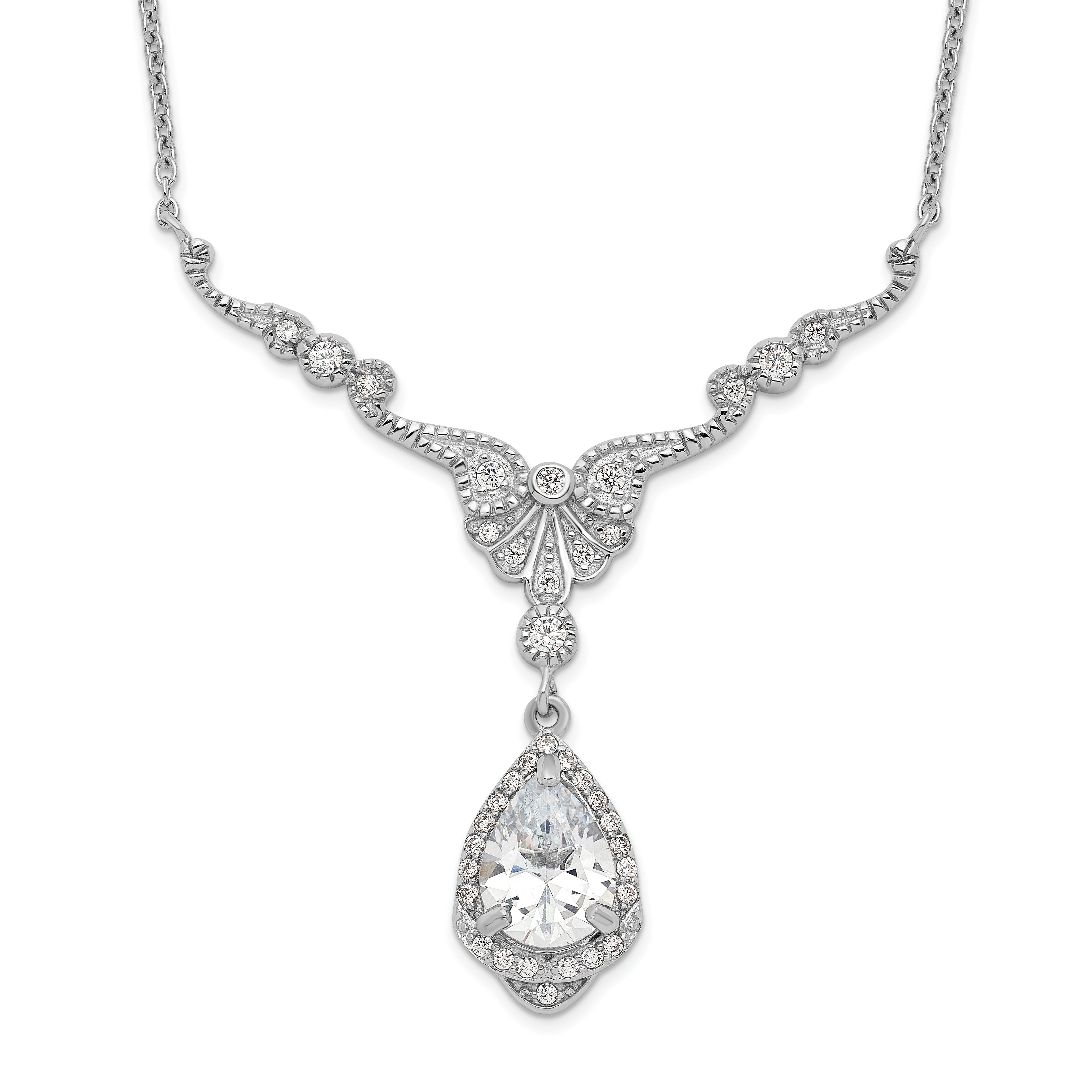 Cheryl M Sterling Silver Rhodium-plated Fancy Brilliant-cut CZ Teardrop Dangle 16 Inch Necklace with 2.25 Inch Extender