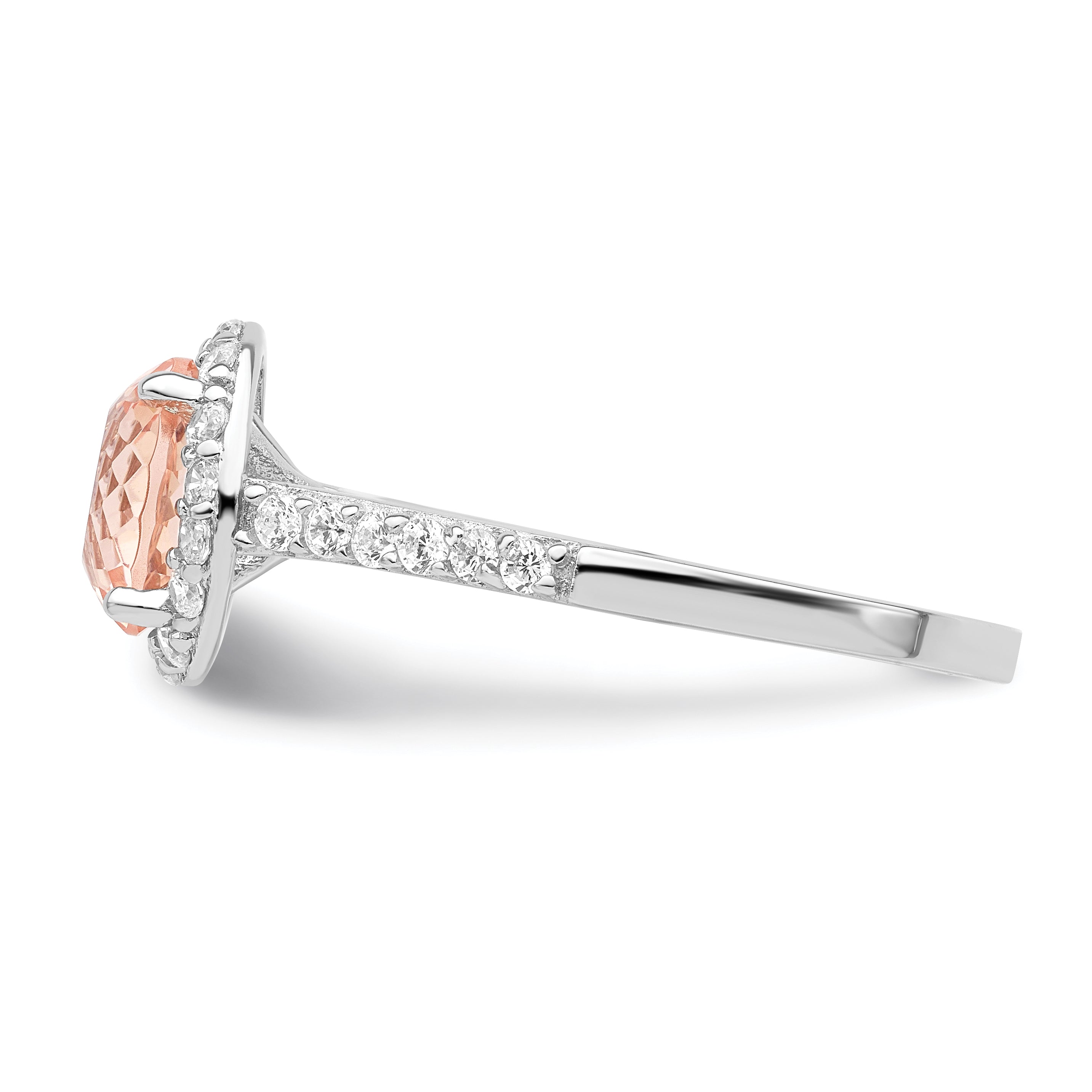 Cheryl M Sterling Silver Rhodium-plated 100 Facet Simulated Morganite and White Brilliant-cut CZ Halo Ring - 6