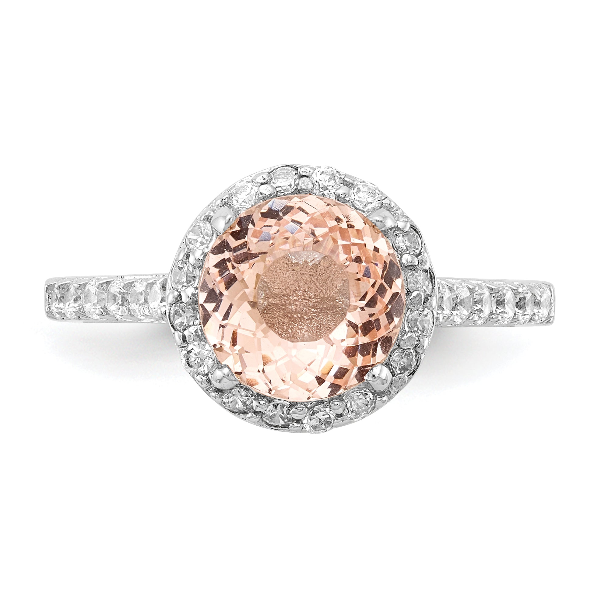 Cheryl M Sterling Silver Rhodium-plated 100 Facet Simulated Morganite and White Brilliant-cut CZ Halo Ring - 6
