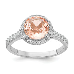 Cheryl M Sterling Silver Rhodium-plated 100 Facet Simulated Morganite and White Brilliant-cut CZ Halo Ring