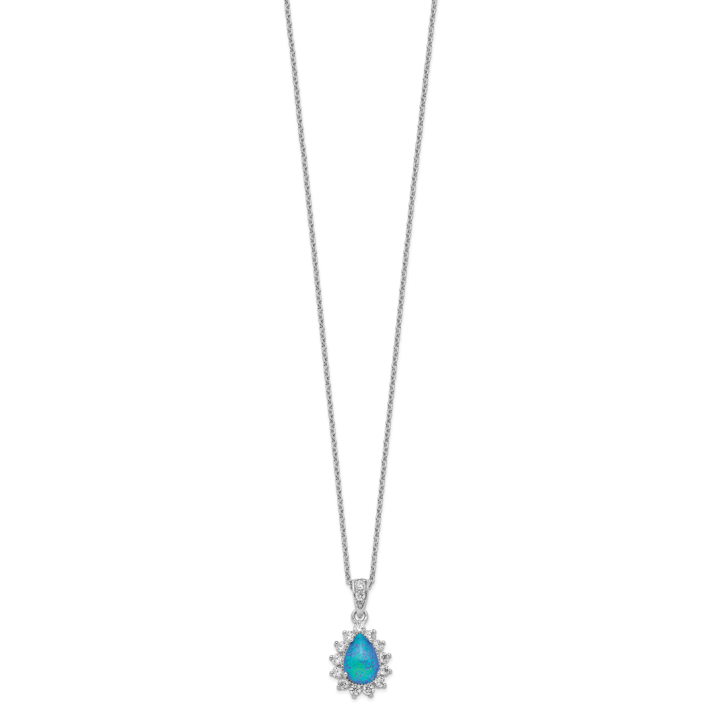 Cheryl Sterling Silver Rhodium-Plated Necklace with Lab Blue Opal and CZ Accents