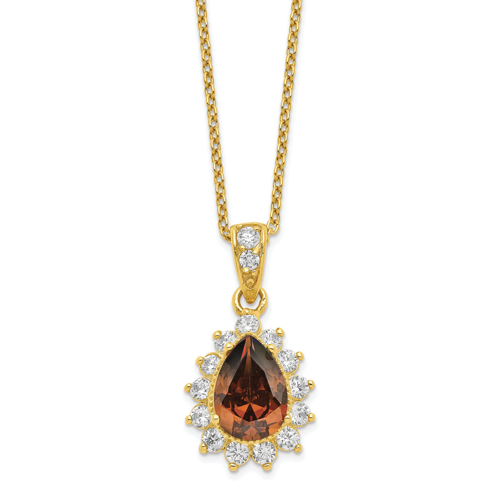 Cheryl M Sterling Silver Gold-plated Brown and White Brilliant-cut CZ Teardrop 18.5 Inch Necklace