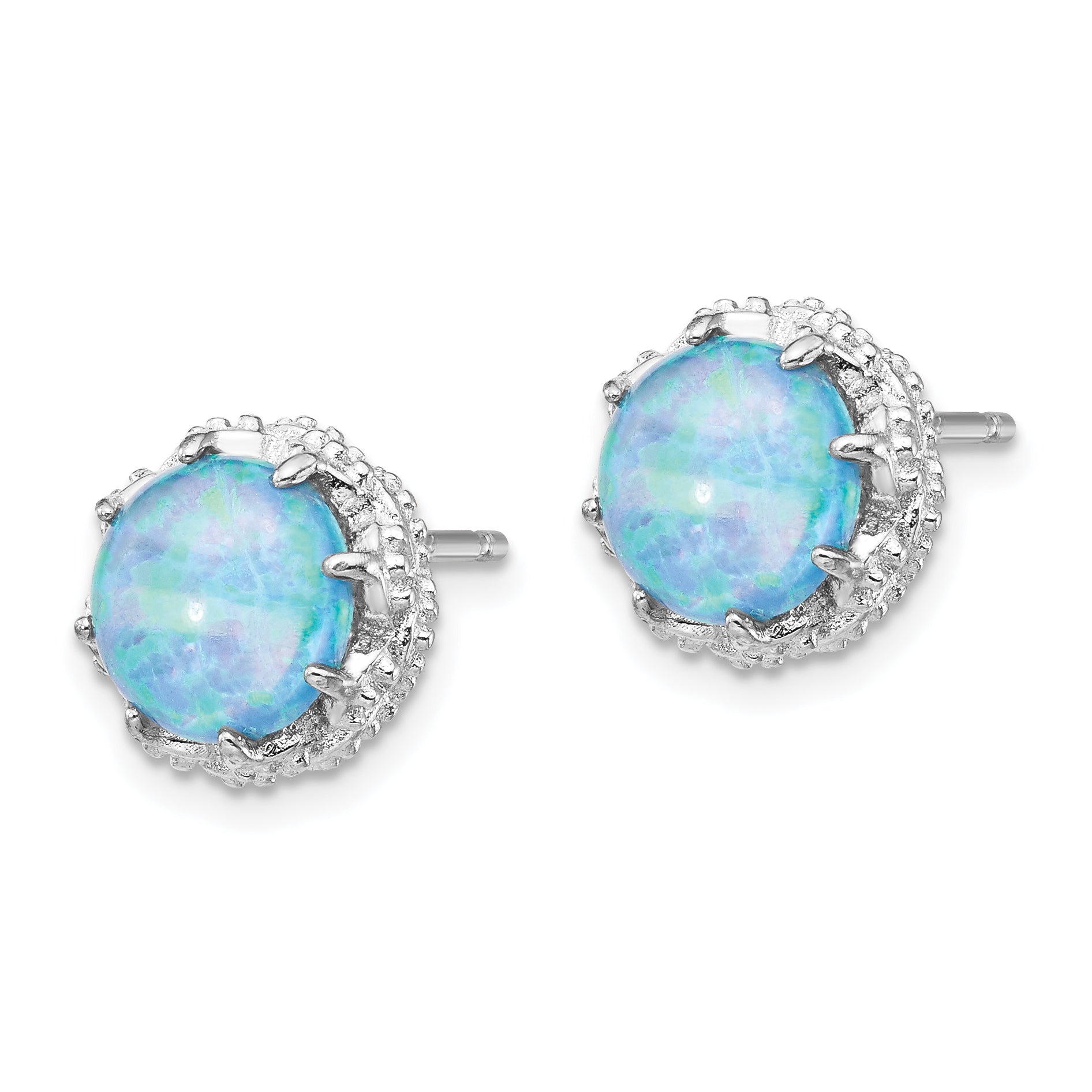 Cheryl M Sterling Silver Rhodium-plated Cabochon Lab Created Blue Opal and Brilliant-cut CZ Post Earrings