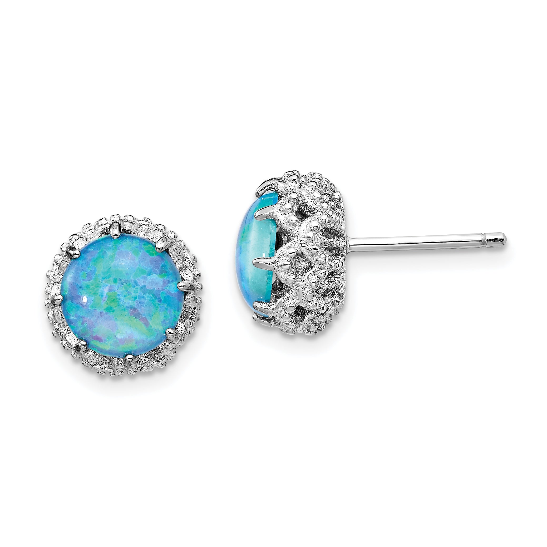 Cheryl M Sterling Silver Rhodium-plated Cabochon Lab Created Blue Opal and Brilliant-cut CZ Post Earrings Main image