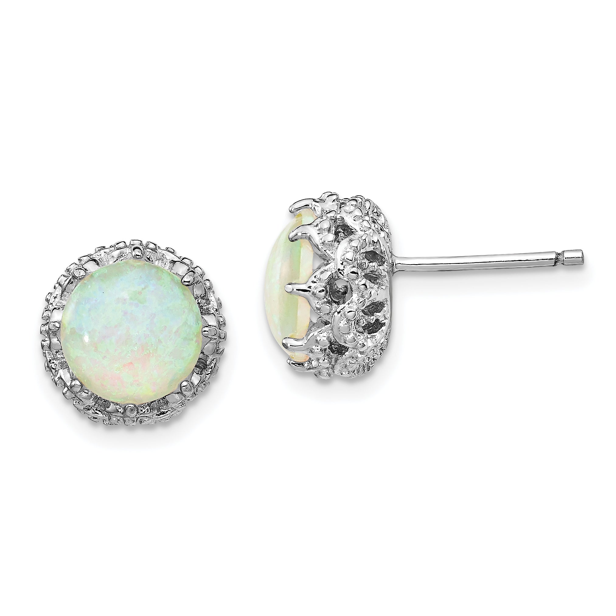 Cheryl M Sterling Silver Rhodium-plated Cabochon Lab Created Opal and Brilliant-cut CZ Post Stud Earrings