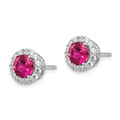Cheryl M Sterling Silver Rhodium-plated Brilliant-cut Lab Created Ruby and Brilliant-cut White CZ Round Halo Post Earrings