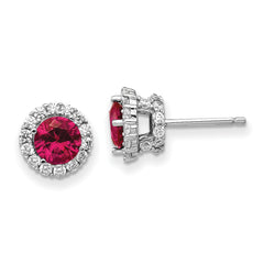 Cheryl M Sterling Silver Rhodium-plated Brilliant-cut Lab Created Ruby and Brilliant-cut White CZ Round Halo Post Earrings
