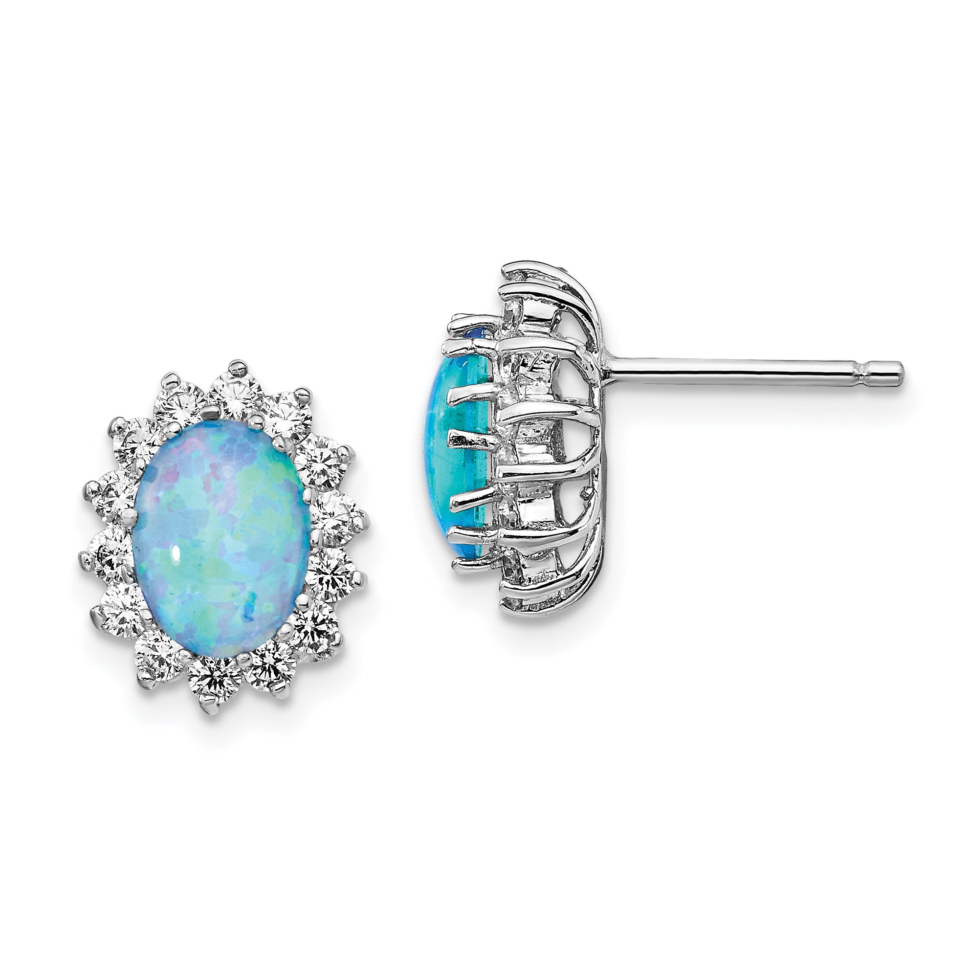 Cheryl M Sterling Silver Rhodium-plated Cabochon Lab Created Blue Opal and Brilliant-cut CZ Post Earrings Main image