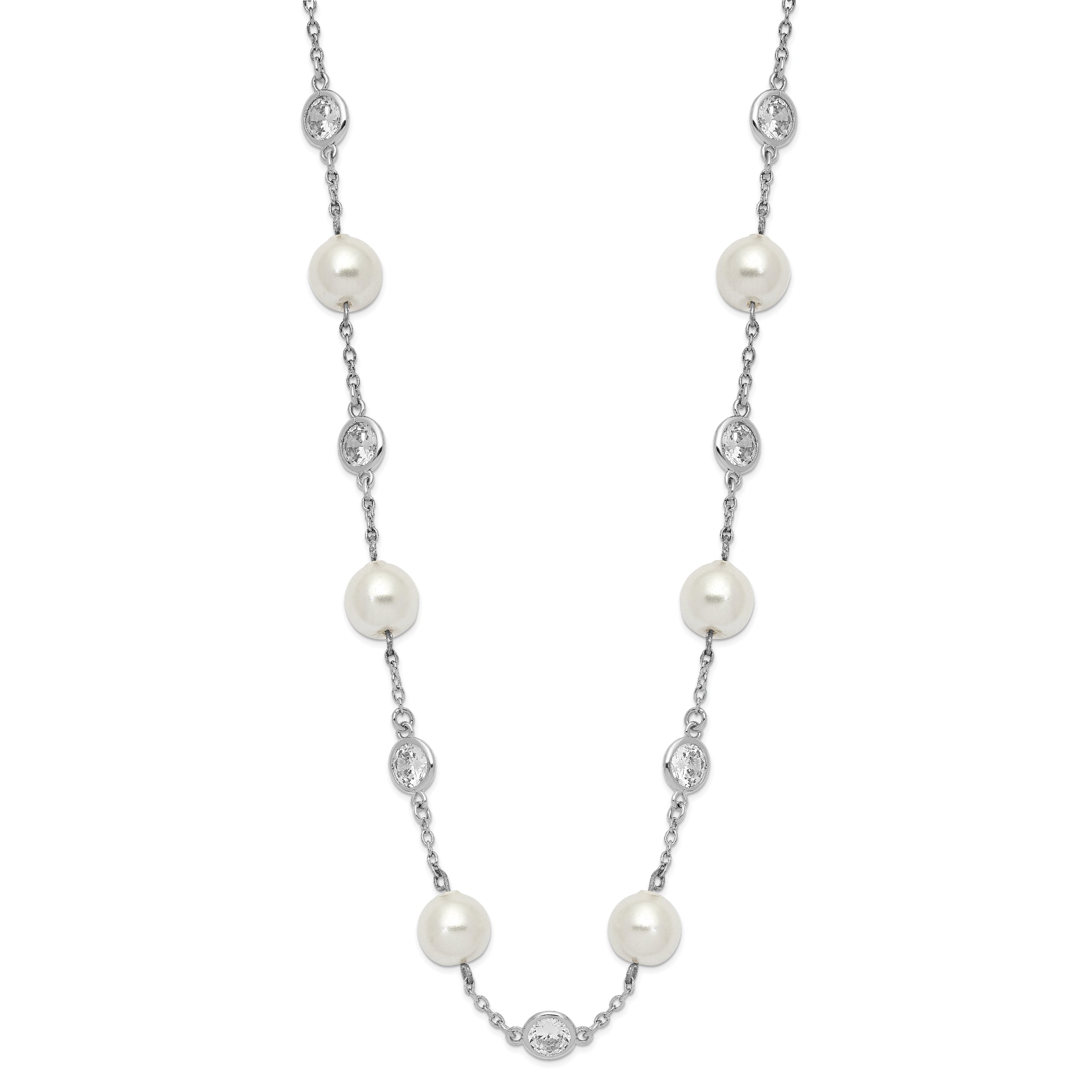 Cheryl 925 Sterling Silver CZ and Pearl Necklace with Polished Rhodium Finish