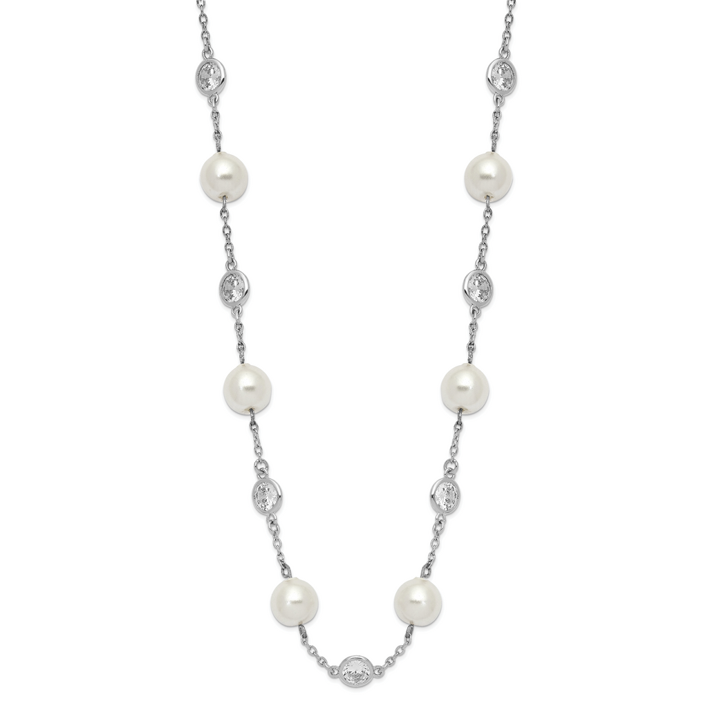 Cheryl 925 Sterling Silver CZ and Pearl Necklace with Polished Rhodium Finish