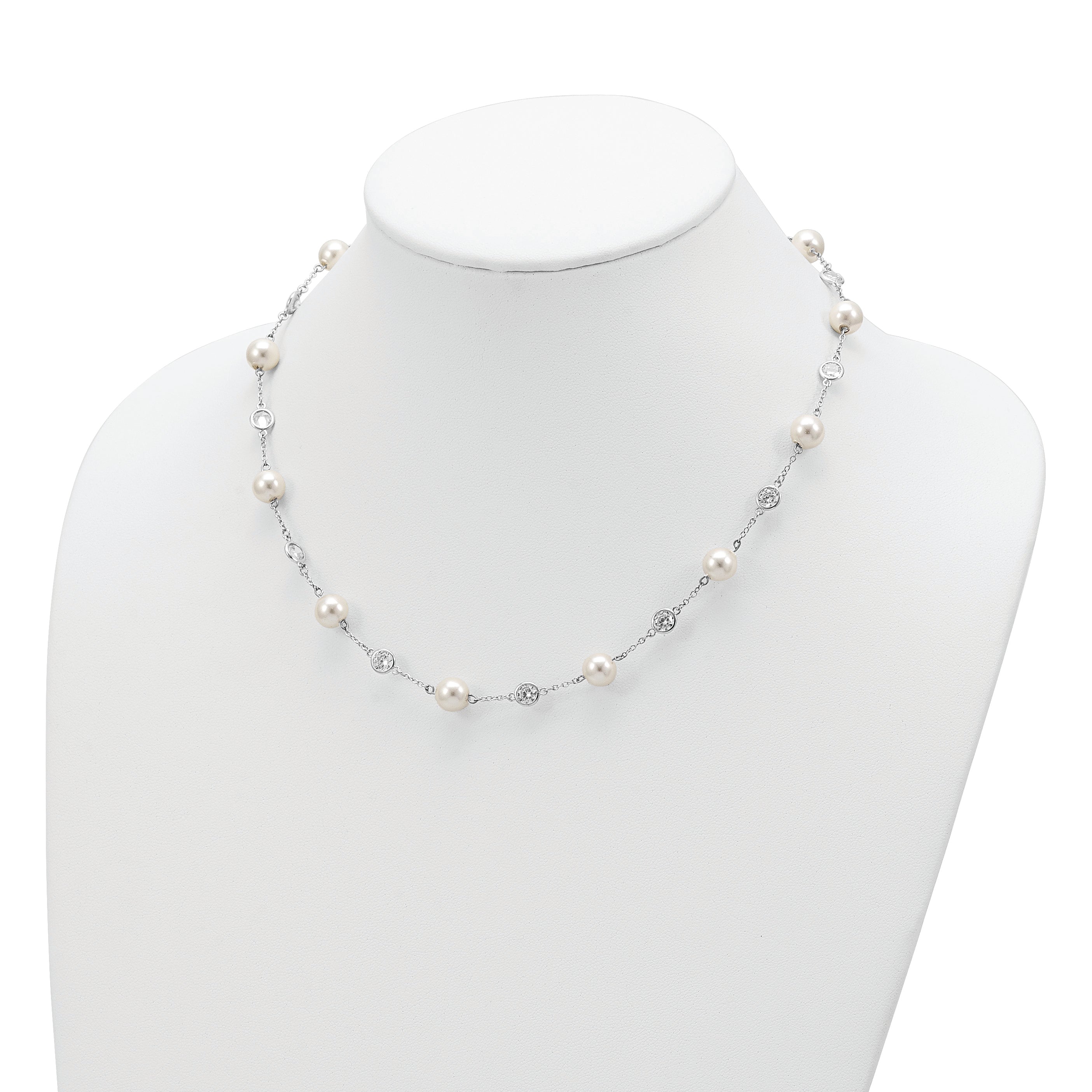 Cheryl 925 Sterling Silver CZ and Pearl Necklace with Polished Rhodium Finish