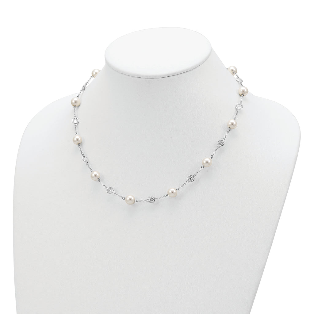 Cheryl 925 Sterling Silver CZ and Pearl Necklace with Polished Rhodium Finish