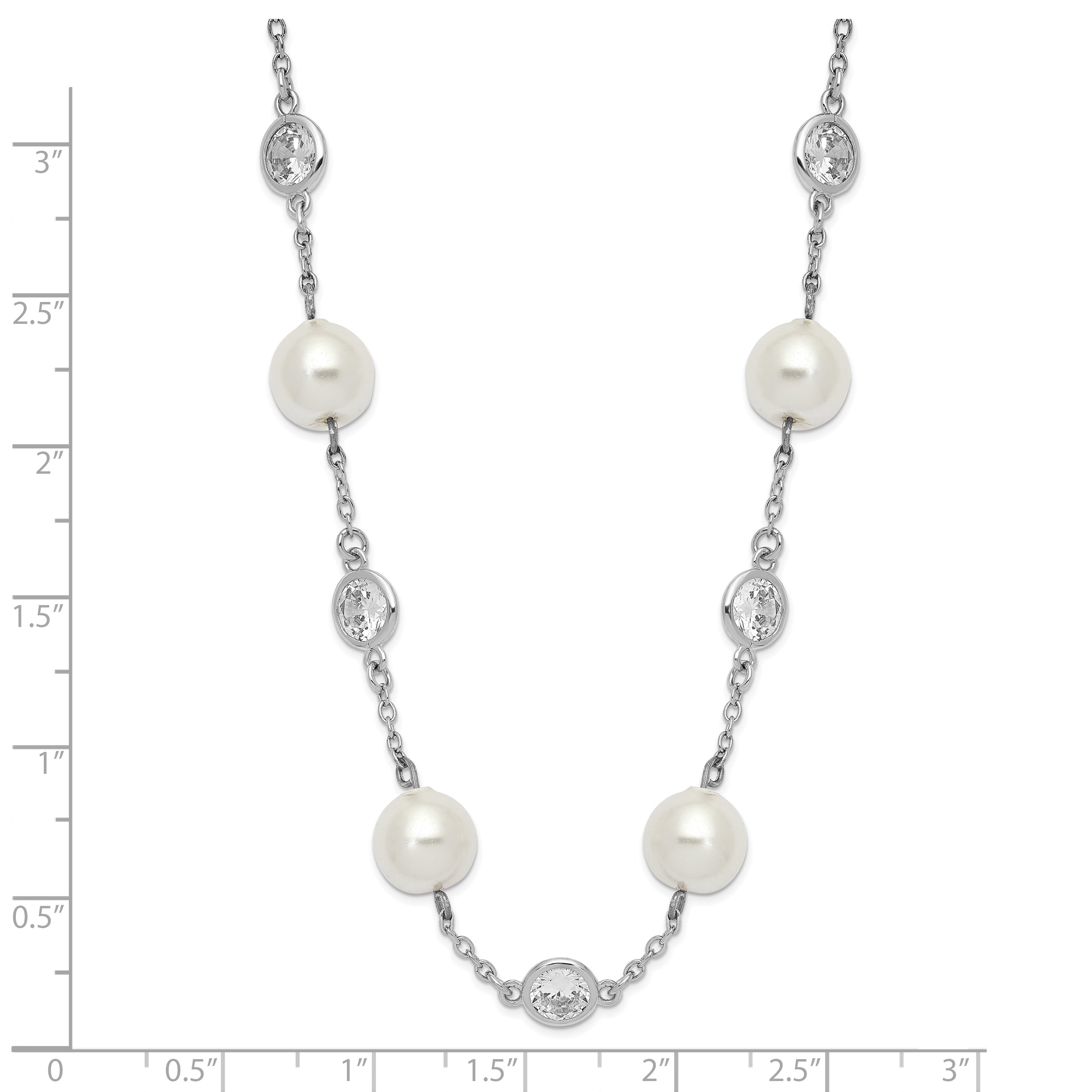 Cheryl 925 Sterling Silver CZ and Pearl Necklace with Polished Rhodium Finish