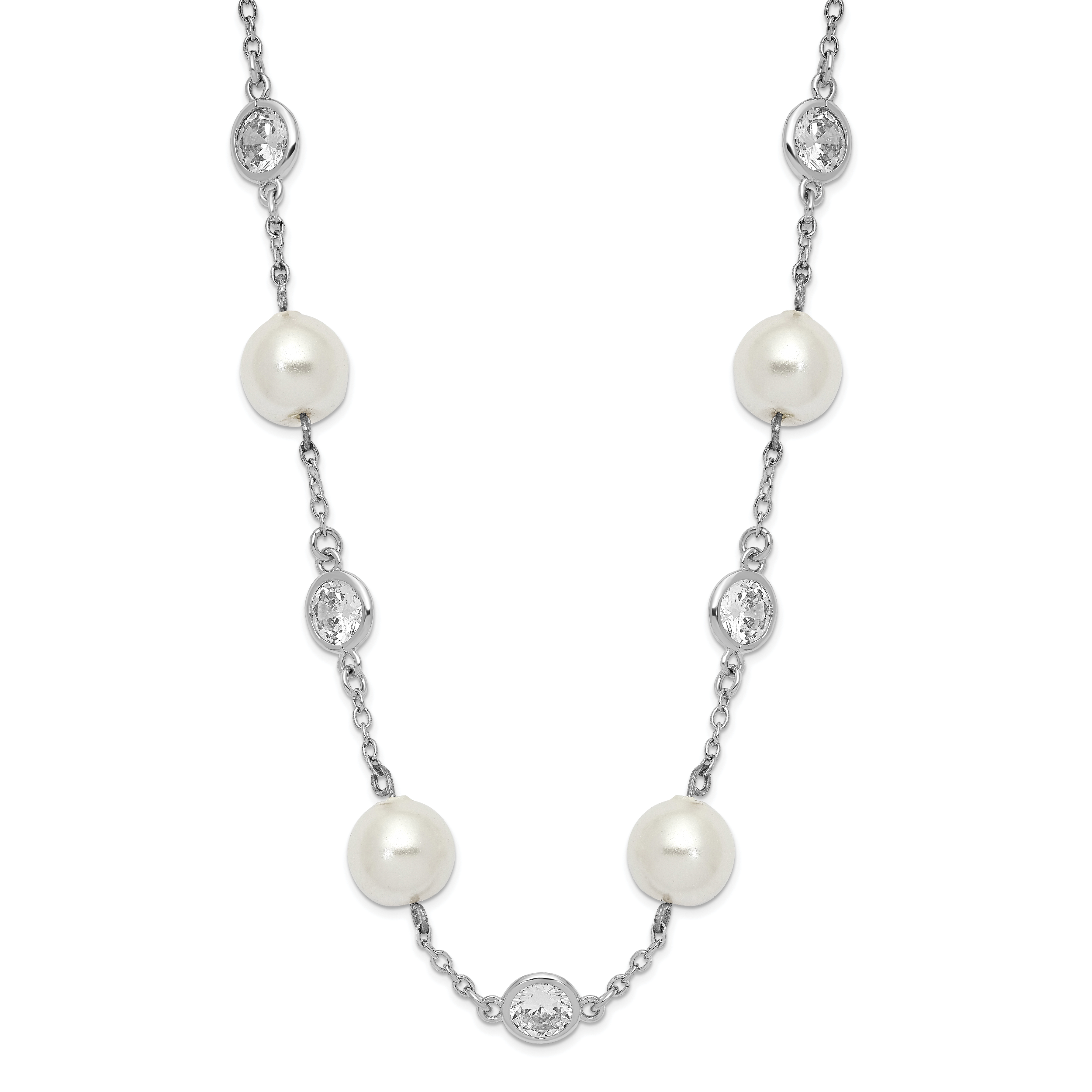 Cheryl M Sterling Silver Rhodium-plated Glass Pearl and Brilliant-cut CZ Bezel Station 18.25 Inch Necklace Main image