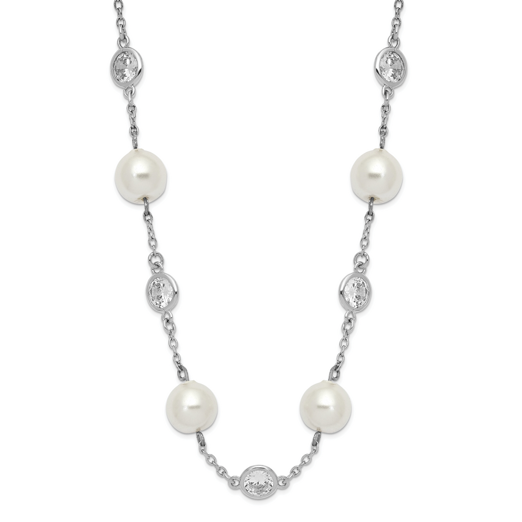 Cheryl M Sterling Silver Rhodium-plated Glass Pearl and Brilliant-cut CZ Bezel Station 18.25 Inch Necklace