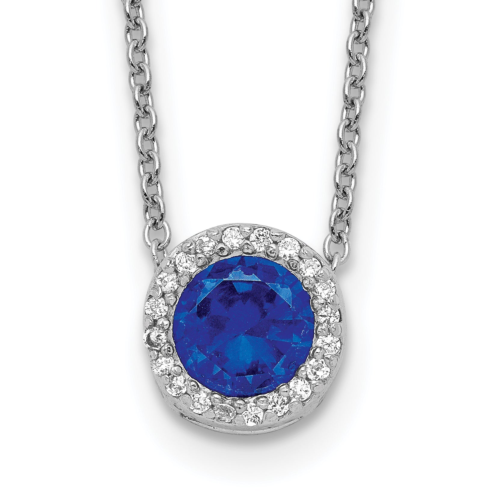 Cheryl M Sterling Silver Rhodium-plated Brilliant-cut Lab Created Dark Blue Spinel and Brilliant-cut White CZ Round Halo 18.25 Inch Necklace