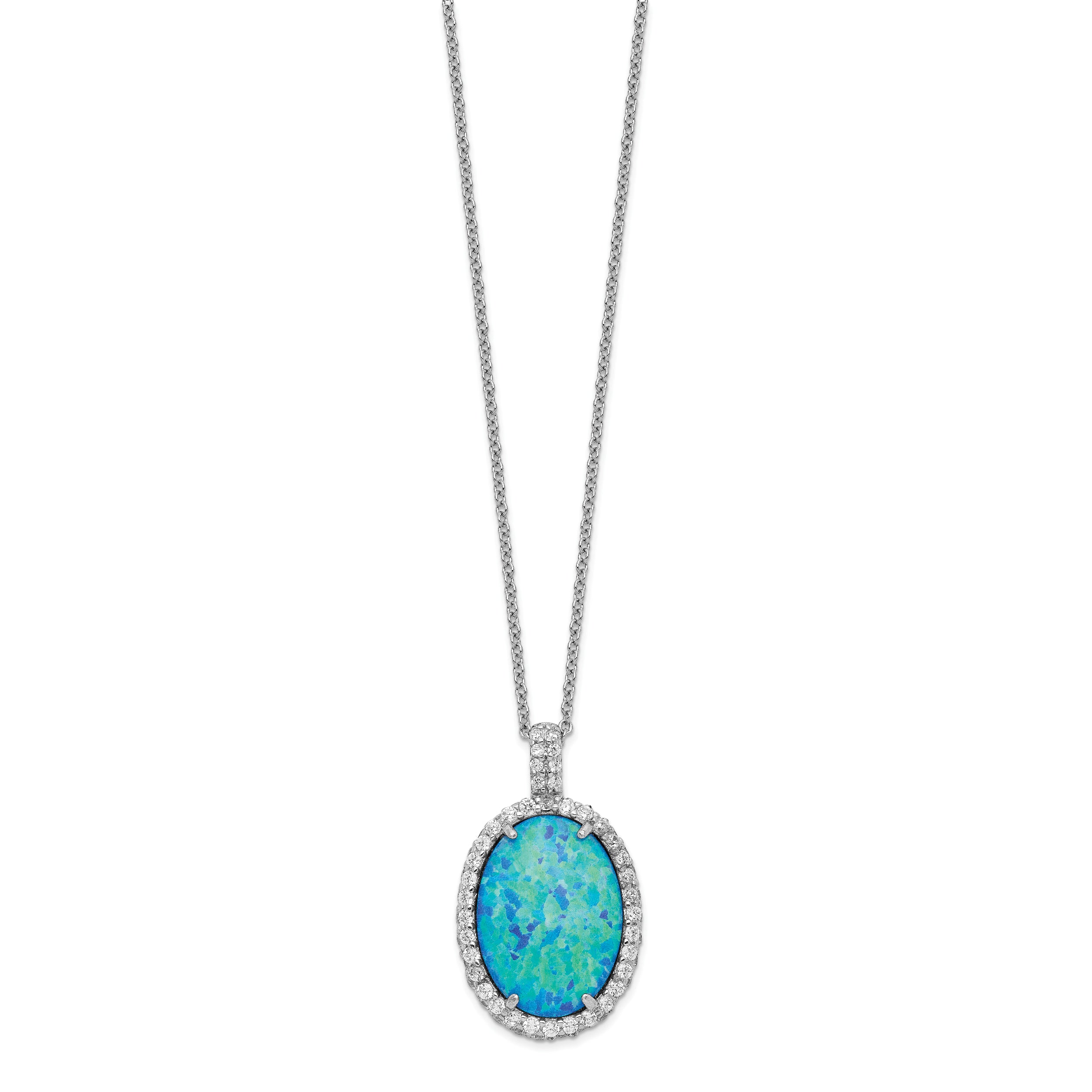 Sophia Jewelers Sterling Silver Necklace with Lab Blue Opal and CZ