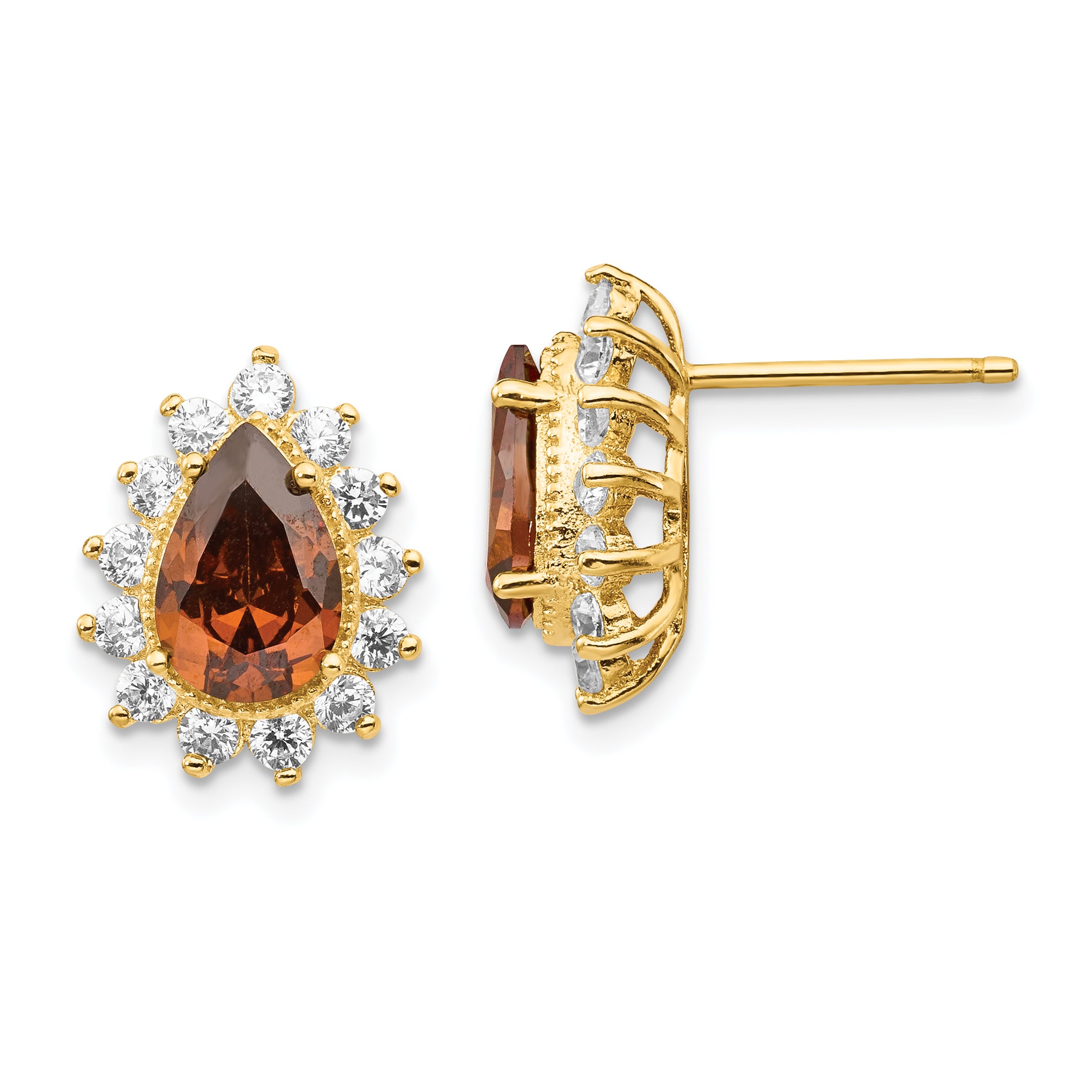 Cheryl M Sterling Silver Gold-plated Brilliant-cut Brown and White Pear Shape CZ Post Earrings