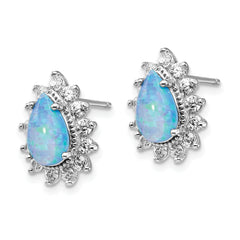 Cheryl M Sterling Silver Rhodium-plated Cabochon Lab Created Blue Opal and Brilliant-cut CZ Teardrop Shaped Post Earrings