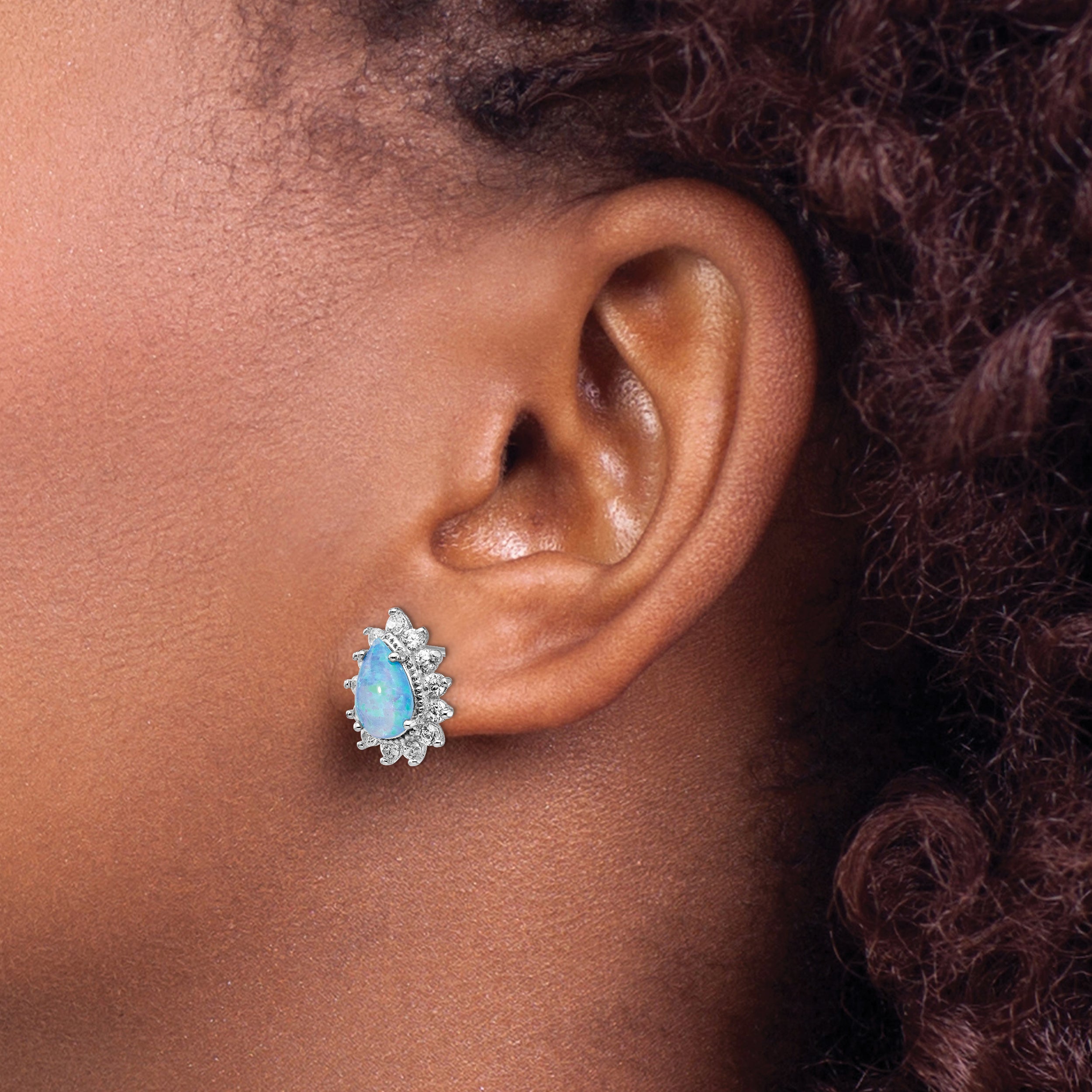 Cheryl M Sterling Silver Rhodium-plated Cabochon Lab Created Blue Opal and Brilliant-cut CZ Teardrop Shaped Post Earrings