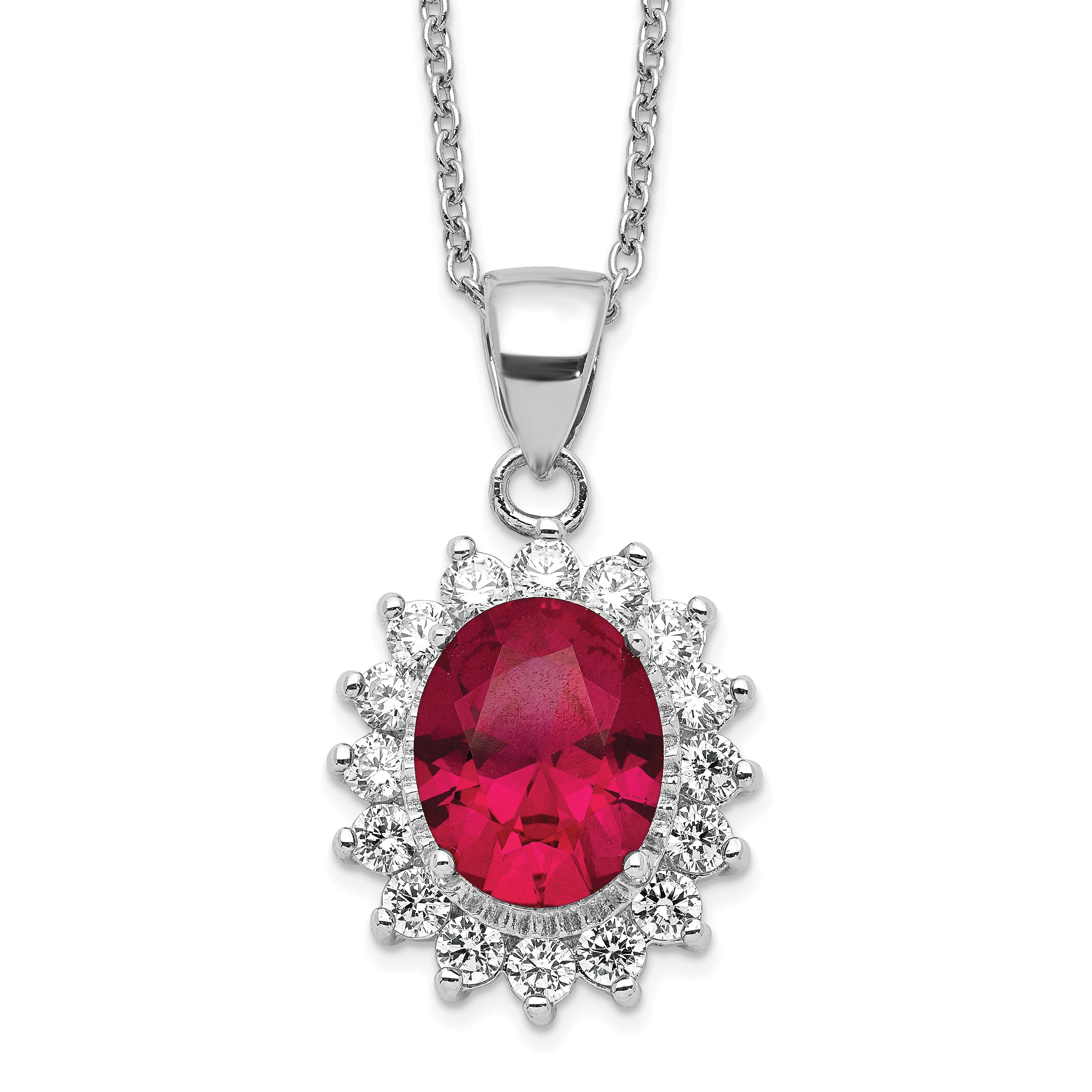 Cheryl M Sterling Silver Rhodium-plated Brilliant-cut Lab Created Ruby and Brilliant-cut White CZ Oval Halo 18.25 Inch Necklace Main image