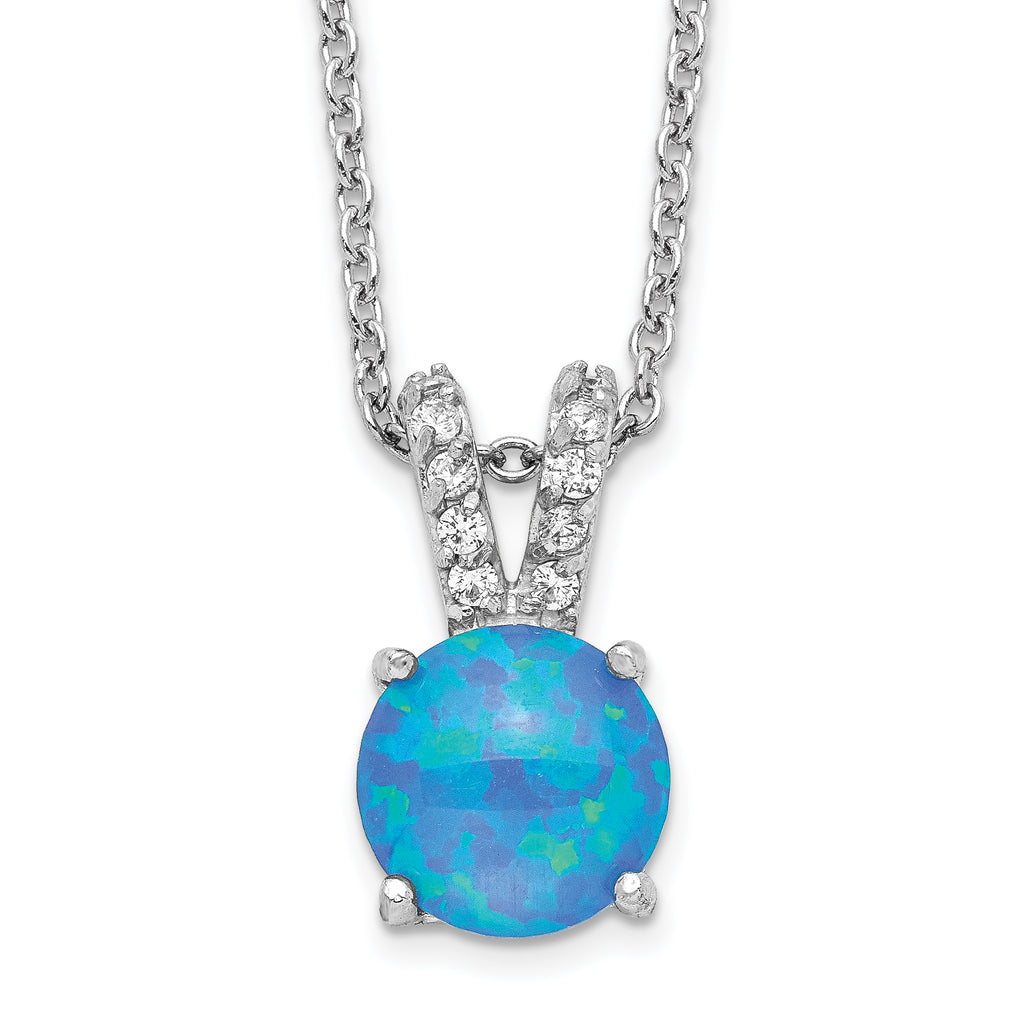 Cheryl M Sterling Silver Rhodium-plated Cabochon Lab Created Blue Opal and Brilliant-cut CZ Split Bail 18.5 Inch Necklace