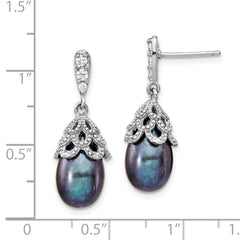 Cheryl M Sterling Silver Rhodium-plated Black Teardrop Freshwater Cultured Pearl and Brilliant-cut CZ Post Dangle Earrings