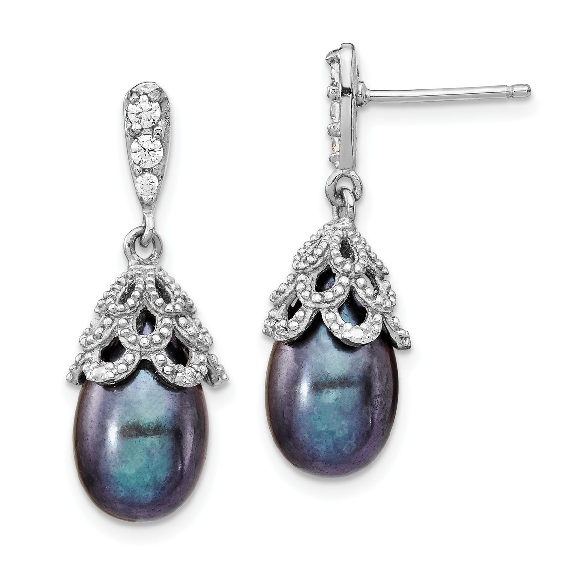 Cheryl M Sterling Silver Rhodium-plated Black Teardrop Freshwater Cultured Pearl and Brilliant-cut CZ Post Dangle Earrings