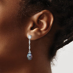 Cheryl M Sterling Silver Rhodium-plated Black Teardrop Freshwater Cultured Pearl and Brilliant-cut CZ Bezel Post Dangle Earrings