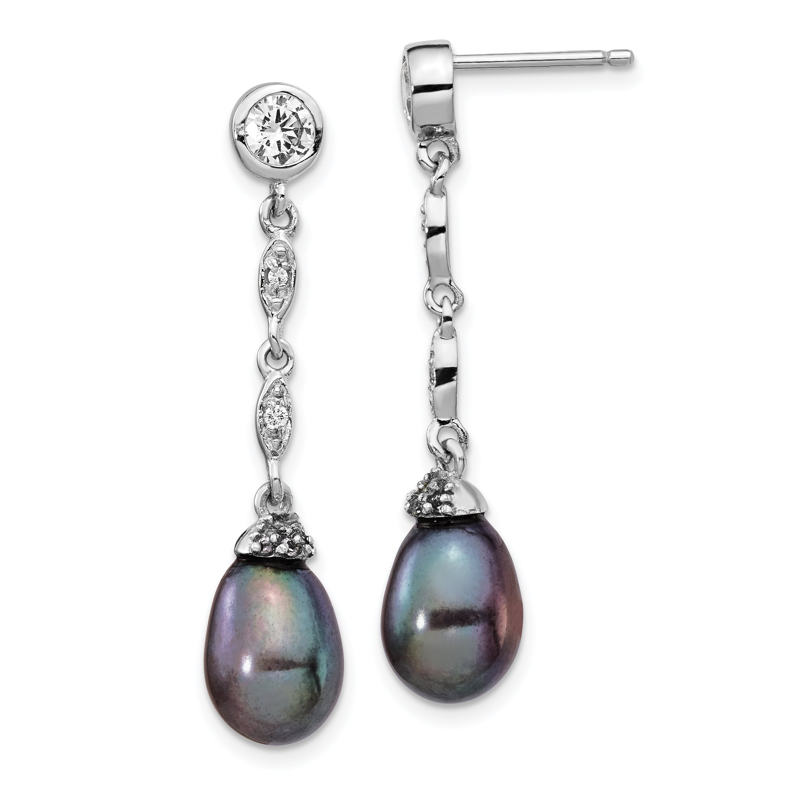 Cheryl M Sterling Silver Rhodium-plated Black Teardrop Freshwater Cultured Pearl and Brilliant-cut CZ Bezel Post Dangle Earrings Main image