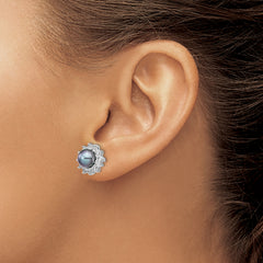 Cheryl Sterling Silver CZ & Black Freshwater Pearl Post Earrings Polished