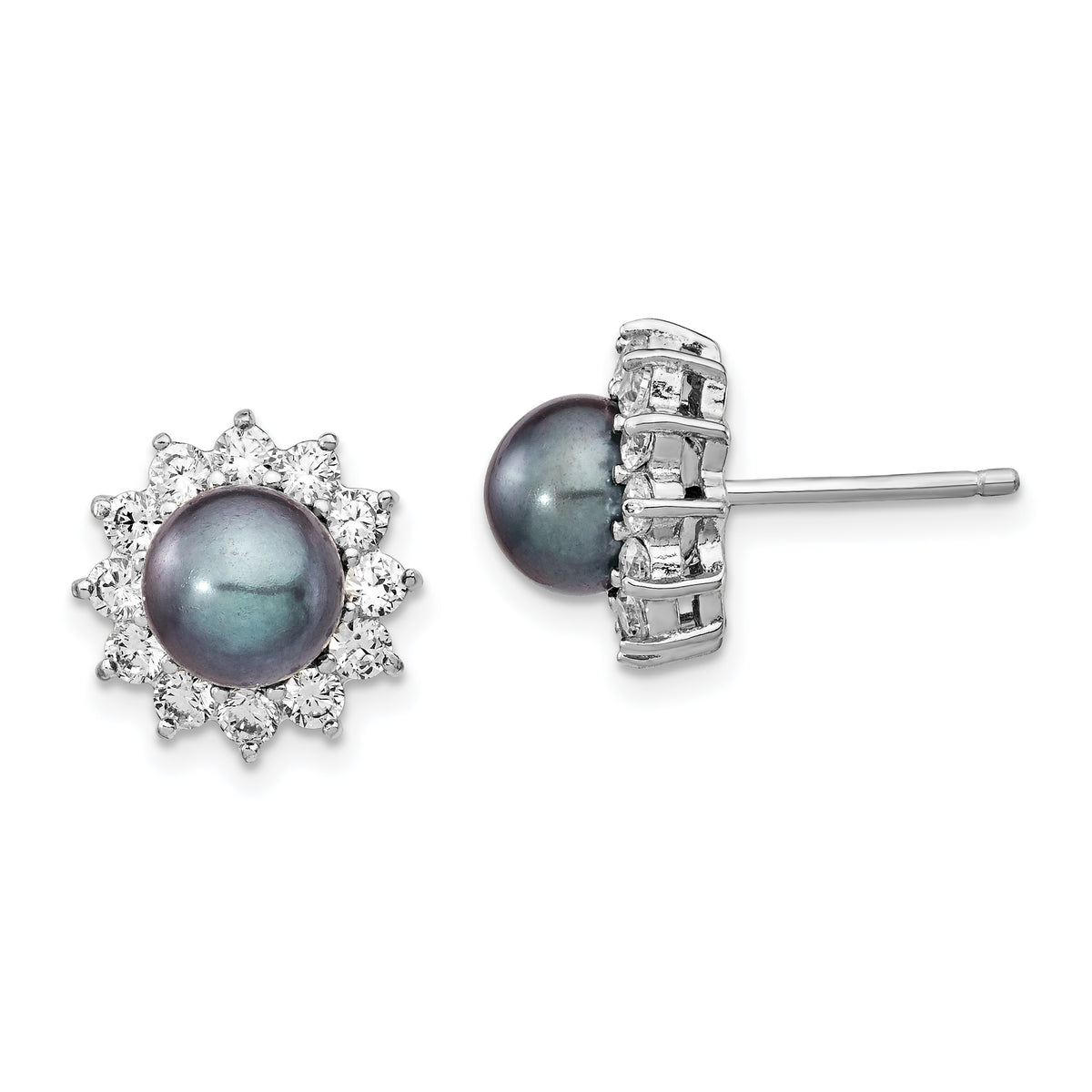 Cheryl M Sterling Silver Rhodium-plated Black Freshwater Cultured Pearl and Brilliant-cut CZ Post Earrings