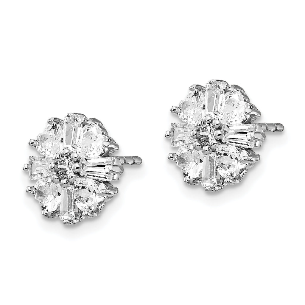 Sterling Silver Rhodium-Plated CZ Cluster Post Earrings with Emerald-Cut & Round Stones