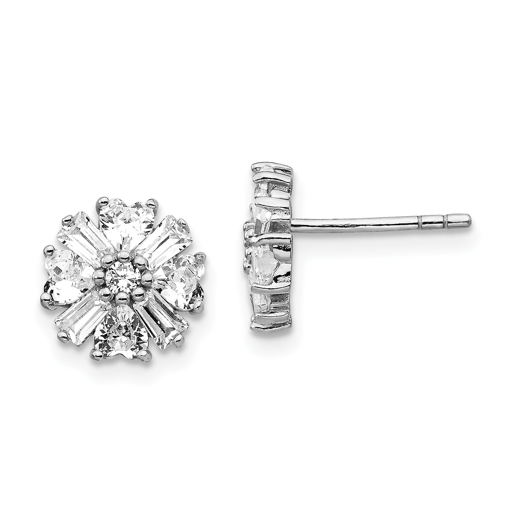 Cheryl M Sterling Silver Rhodium-plated Emerald-cut and Brilliant-cut CZ Cluster Post Earrings