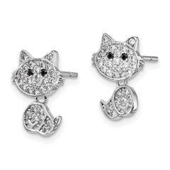 Cheryl M Sterling Silver Rhodium-plated Moveable Brilliant-cut Black and White CZ Cat Post Dangle Earrings
