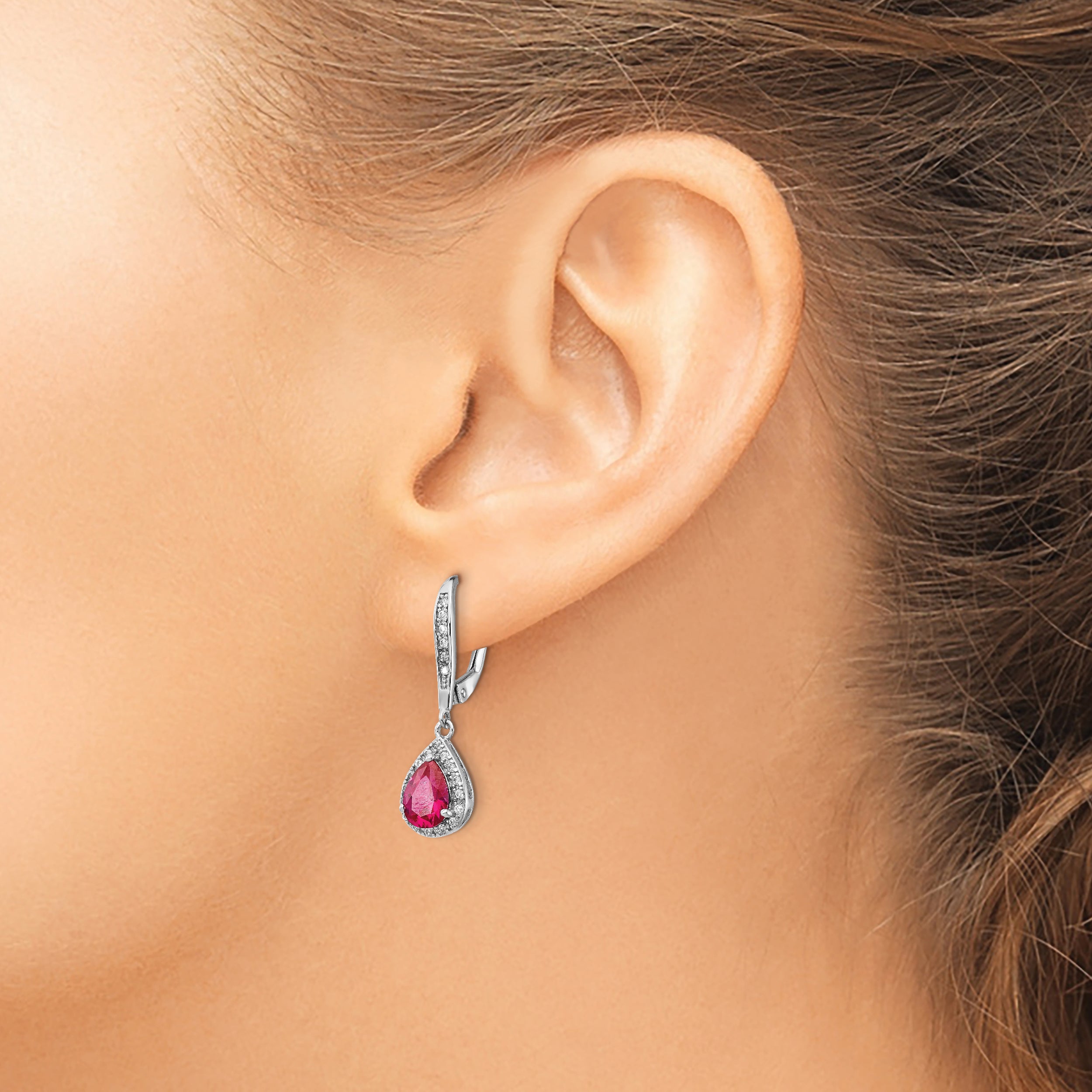Cheryl M Sterling Silver Rhodium-plated Brilliant-cut Lab Created Ruby and Brilliant-cut White CZ Teardrop Leverback Dangle Earrings