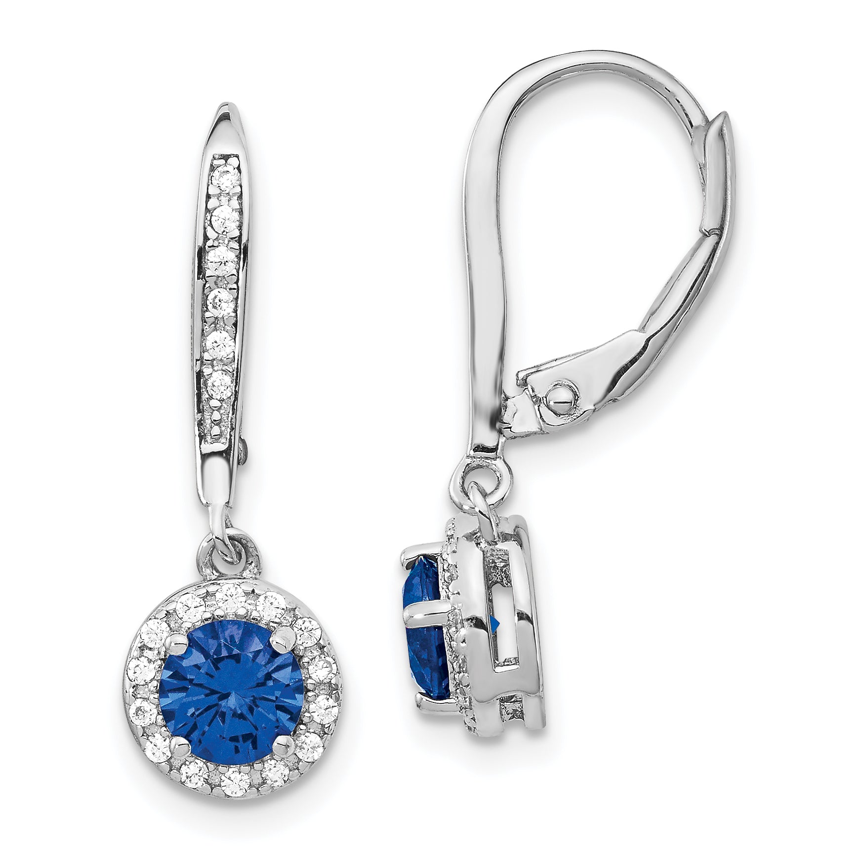 Cheryl M Sterling Silver Rhodium-plated Brilliant-cut Lab Created Dark Blue Spinel and Brilliant-cut White CZ Round Halo Leverback Dangle Earrings