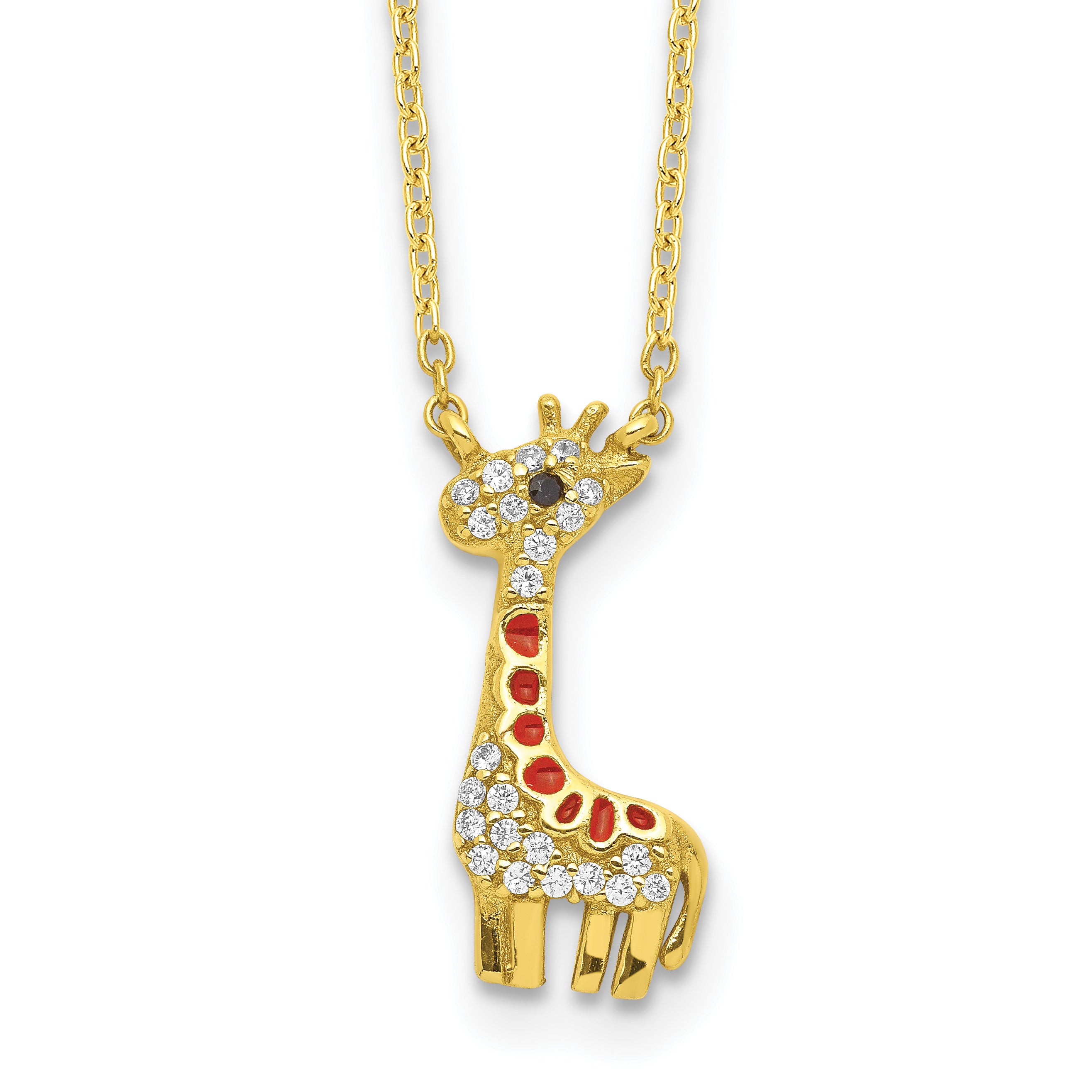 Cheryl M Sterling Silver Gold-plated Enameled and Brilliant-cut Black and White CZ Giraffe 18.25 Inch Necklace