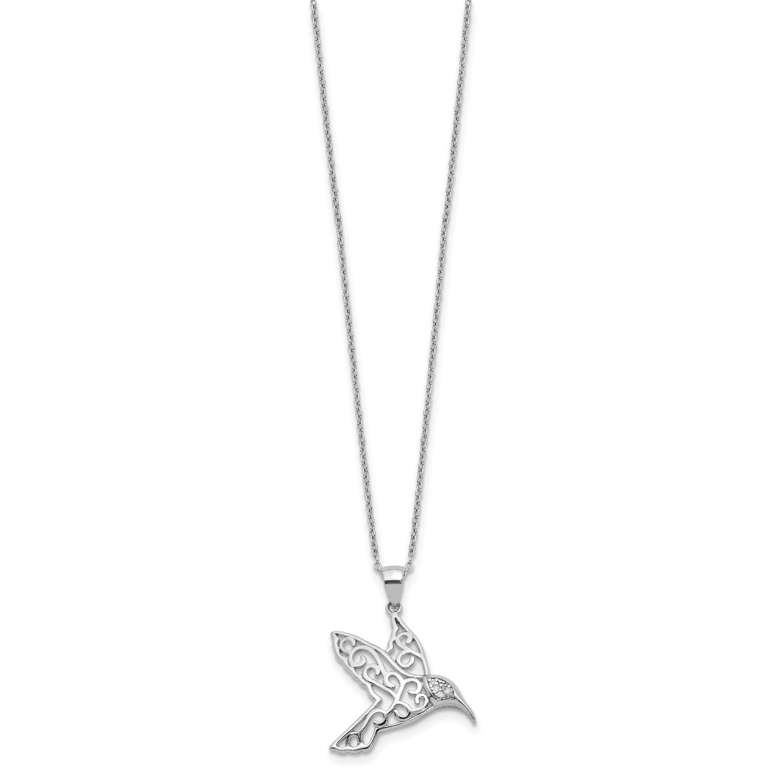 Sterling Silver CZ Hummingbird Necklace with Rhodium-Plated Finish