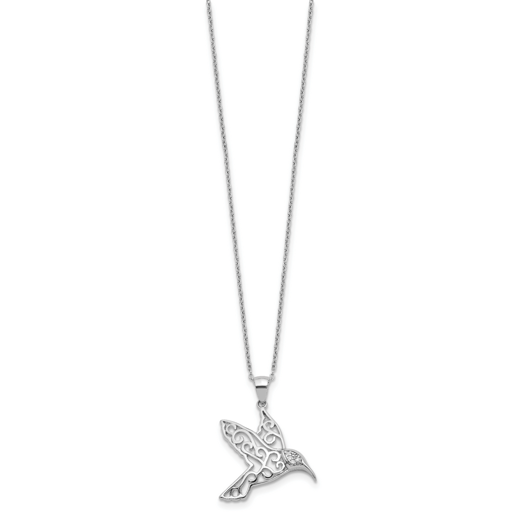 Sterling Silver CZ Hummingbird Necklace with Rhodium-Plated Finish