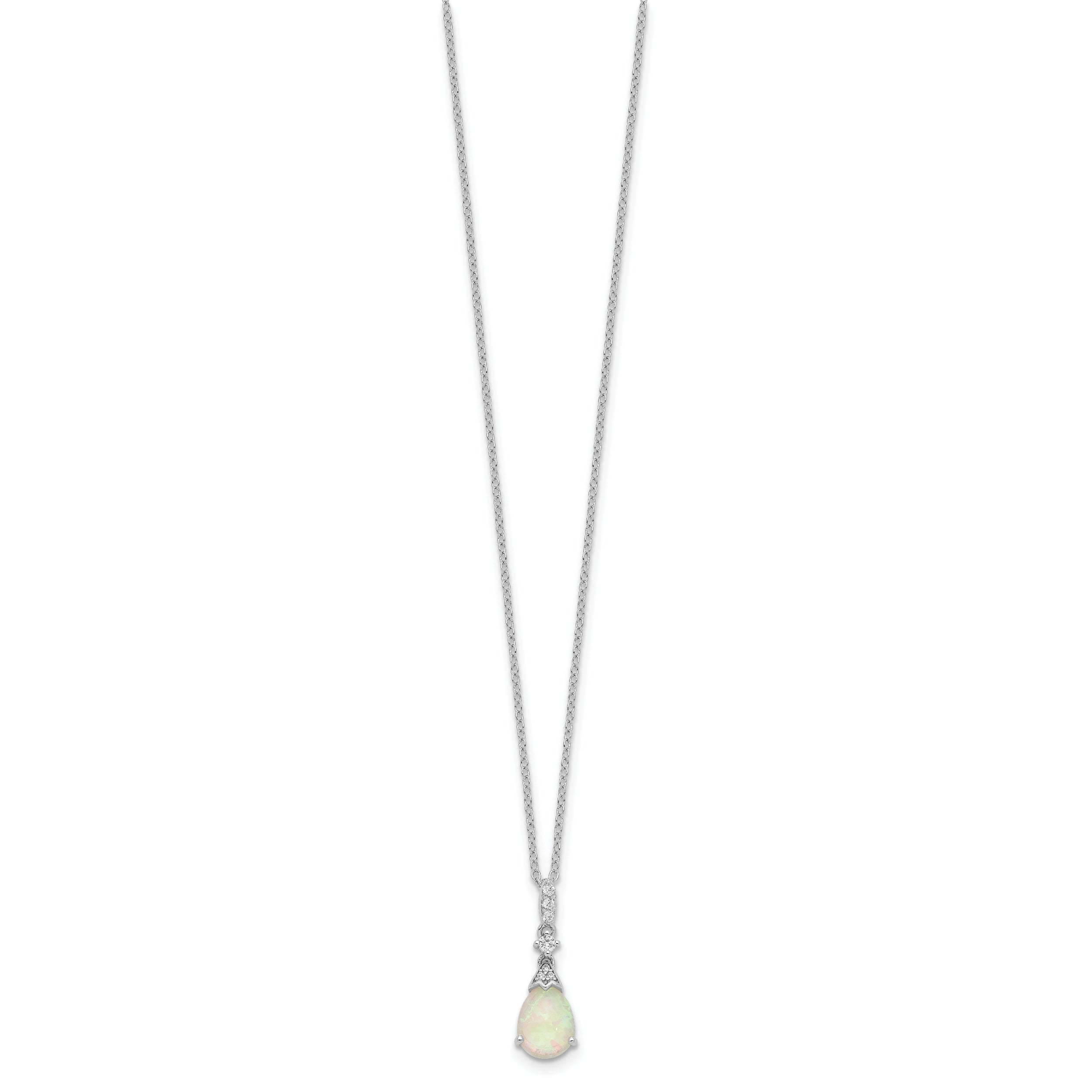 Cheryl M Sterling Silver Rhodium-plated Cabochon Lab Created Opal and Brilliant-cut CZ Teardrop 18 Inch Necklace