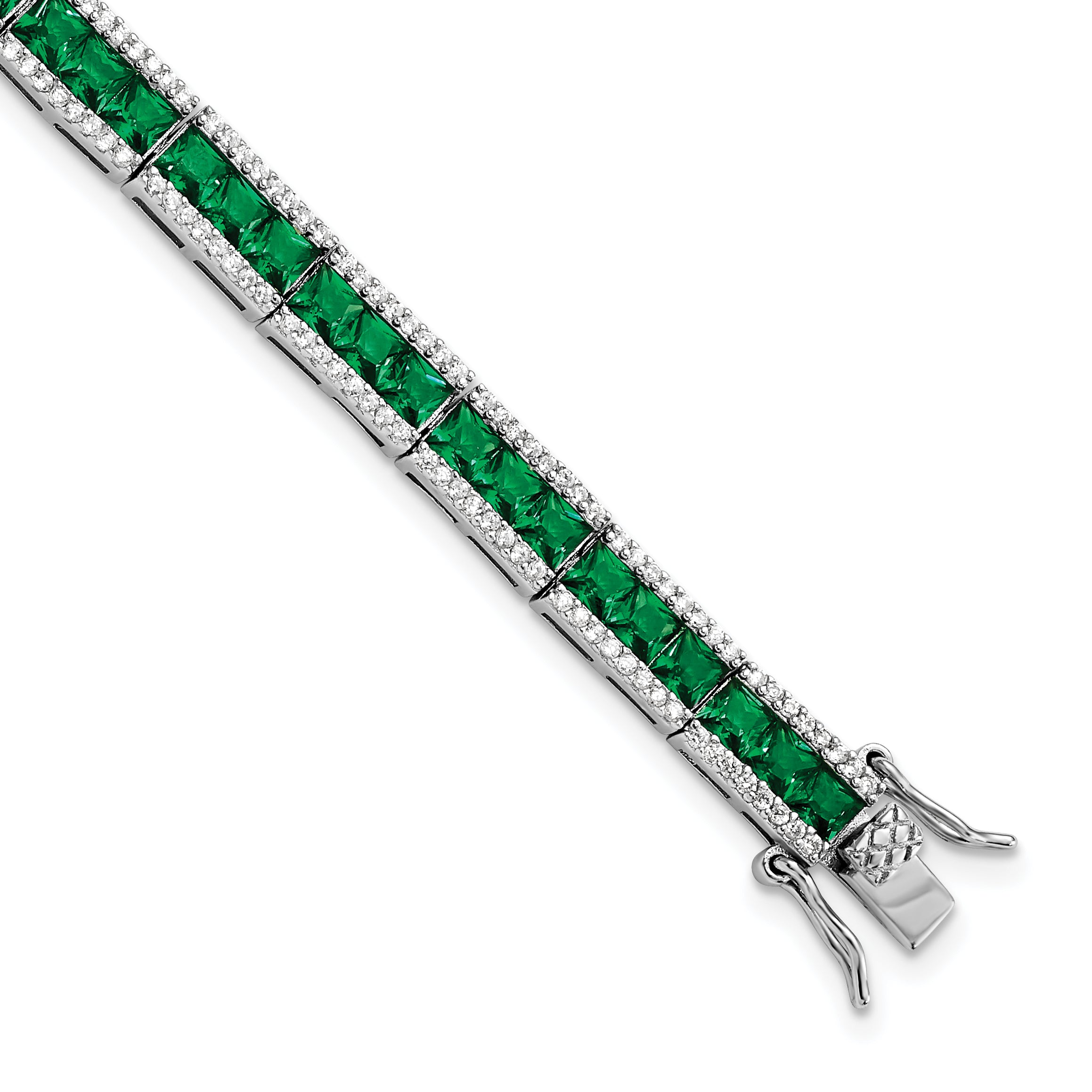 Cheryl M Sterling Silver Rhodium-plated Princess-cut Green Nano Crystal and Brilliant-cut White CZ 7.25 Inch Bracelet